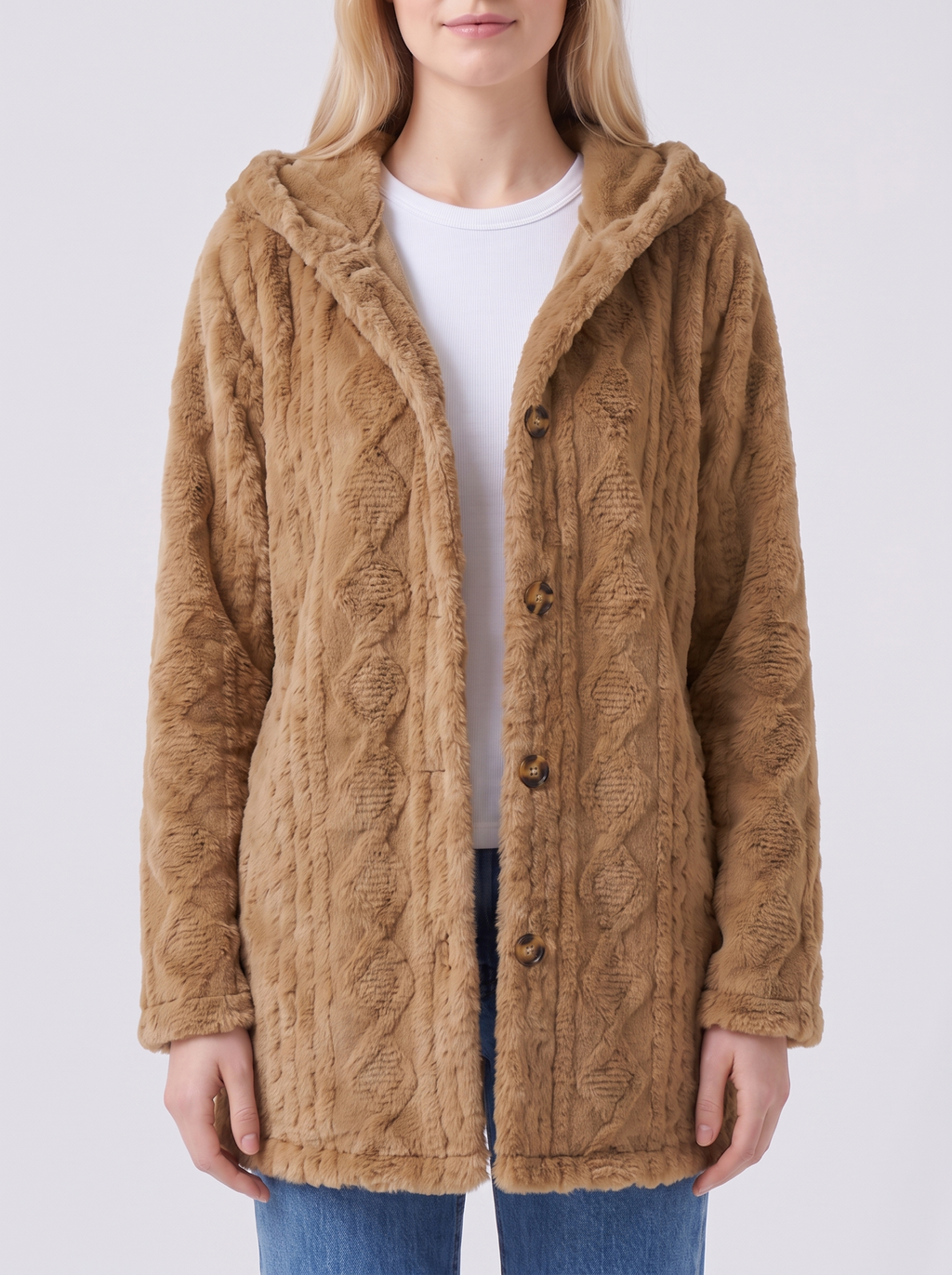 Lily | Brown Faux Fur Hooded Button-Up Jacket Close-Up