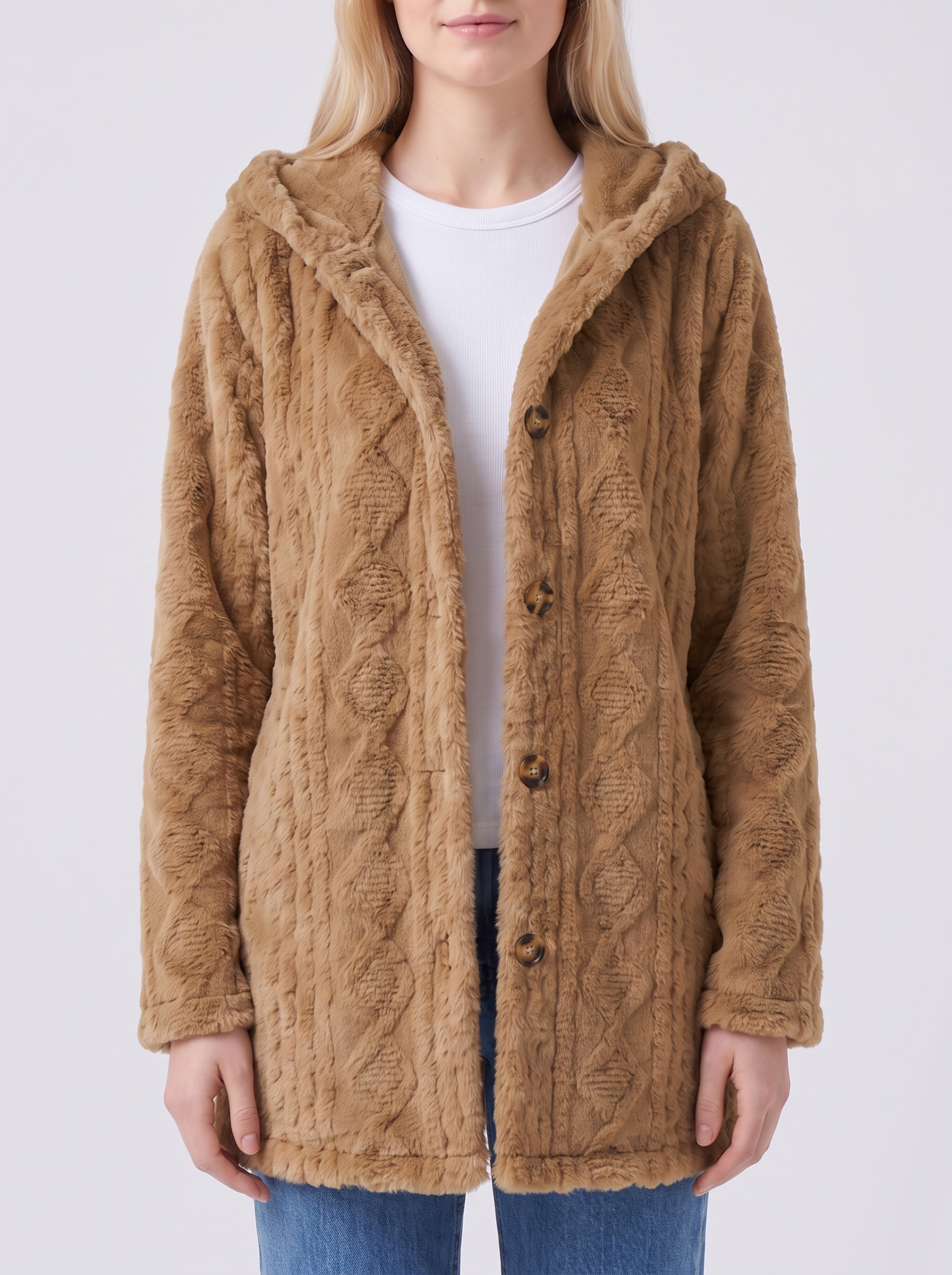 Lily | Brown Faux Fur Hooded Button-Up Jacket Close-Up