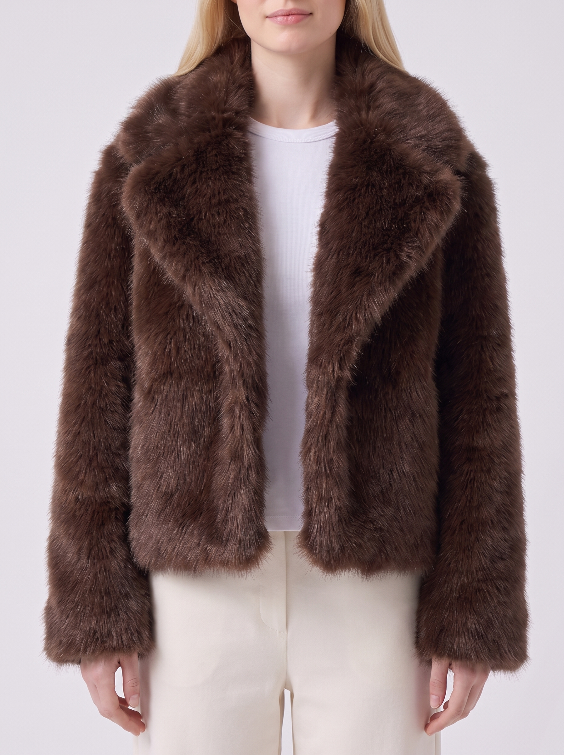 Lily | Brown Faux Fur Oversized Collar Jacket Close-Up