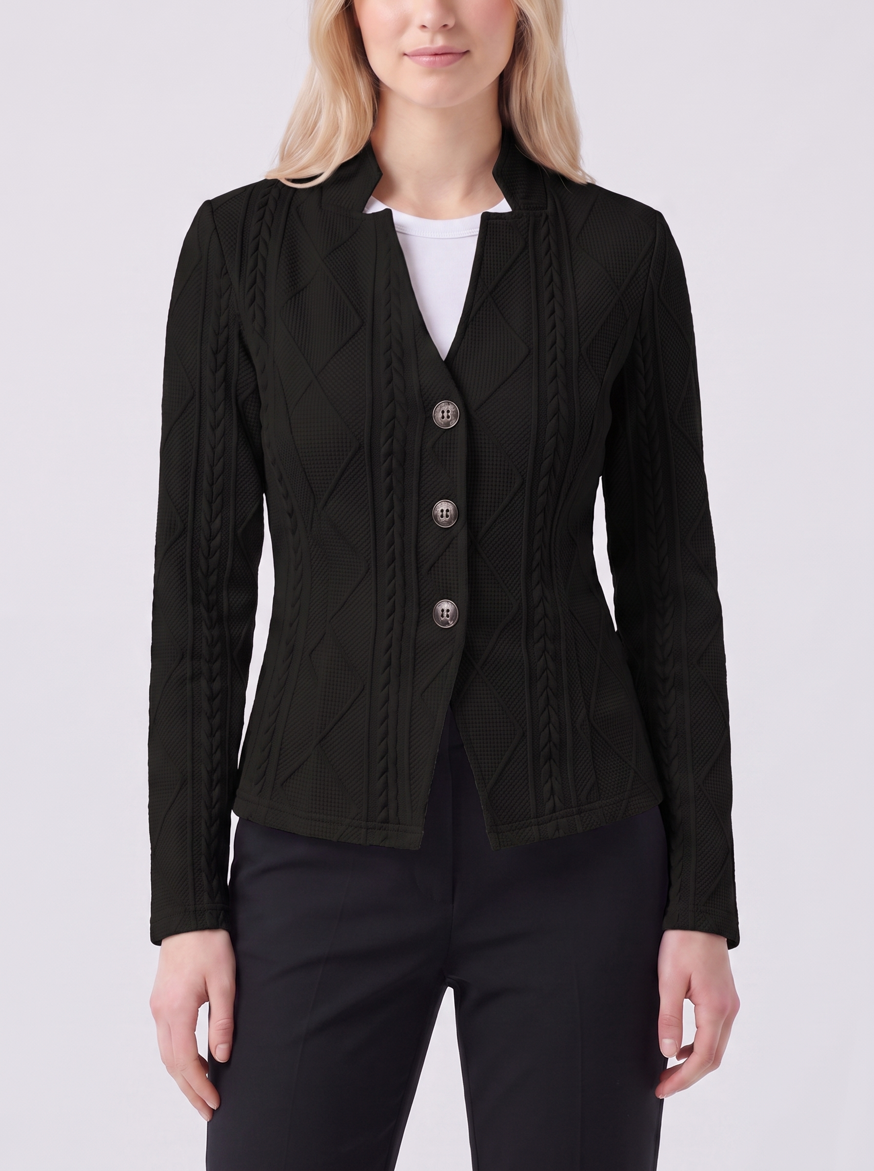 Lily | Black Textured Stand-Collar Knit Jacket Close-Up