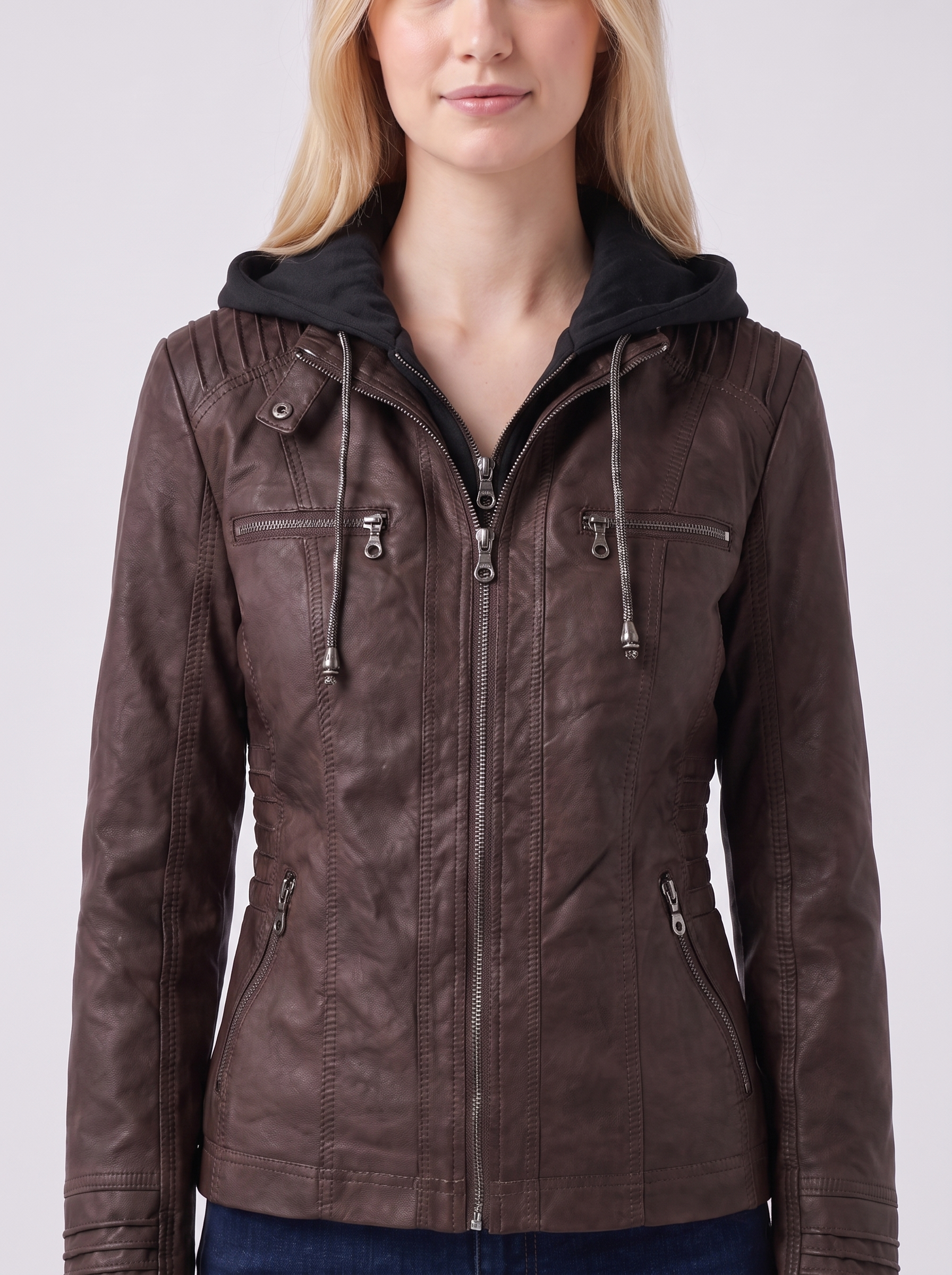 Lily | Brown Hooded Utility Jacket Close-Up