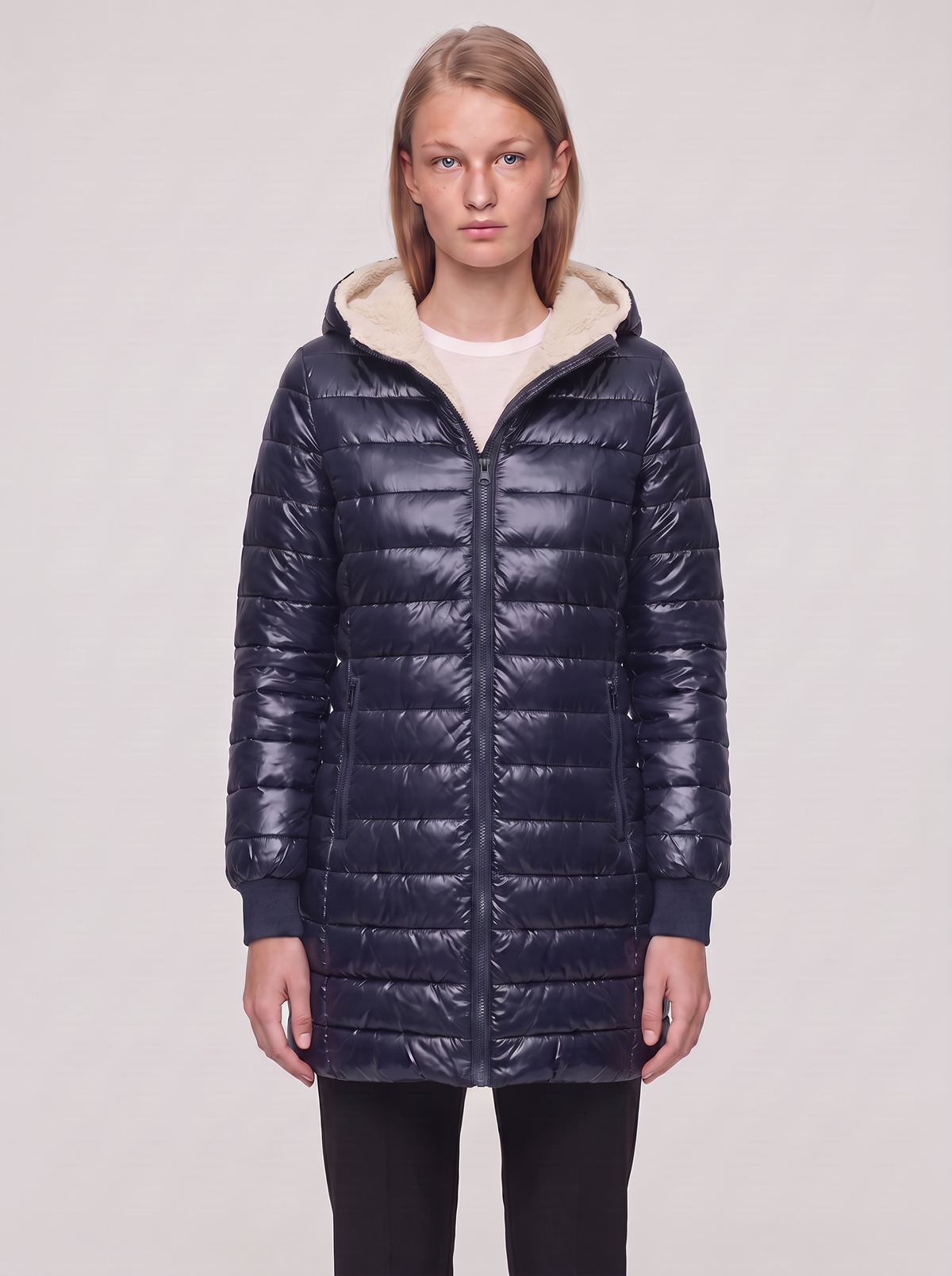 Ella Navy glossy longline coat - featured