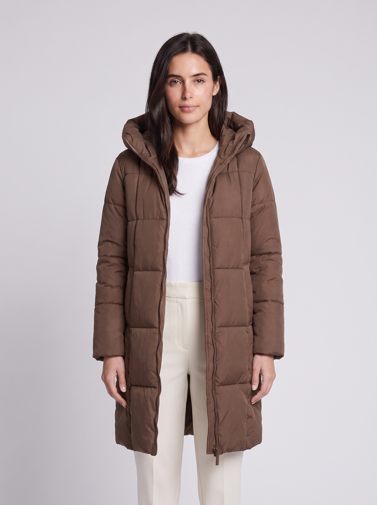 Grace | Brown Box-Quilted Hooded Puffer Coat, Knee-Length Zip-Front Parka