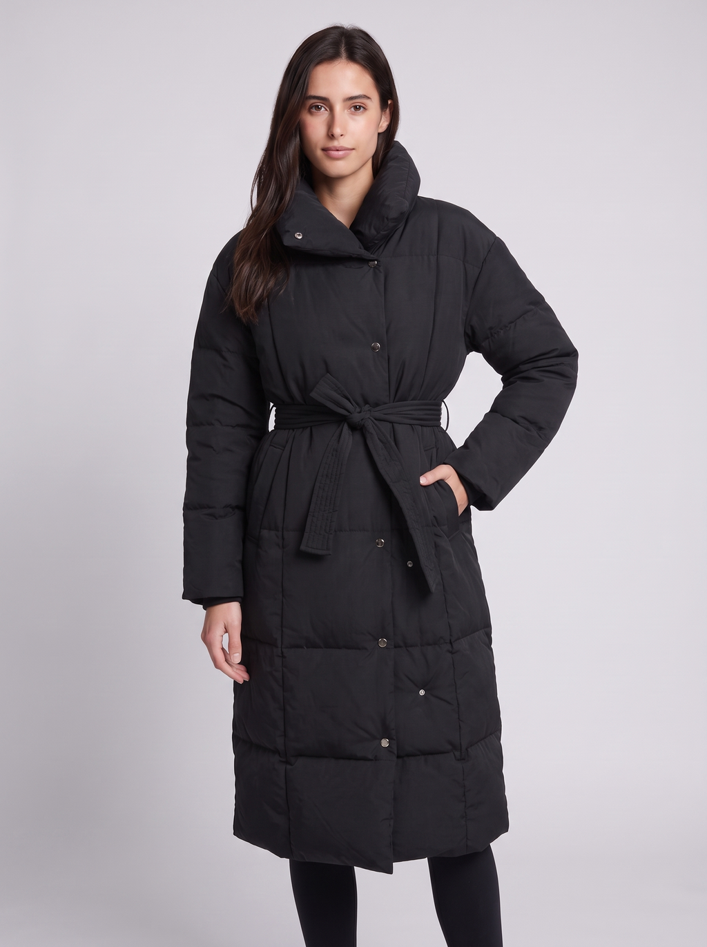 Grace | Black Belted Channel-Quilted Below-Knee Coat, Funnel-Collar Padded Parka