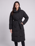 Grace | Black Belted Channel-Quilted Below-Knee Coat, Funnel-Collar Padded Parka