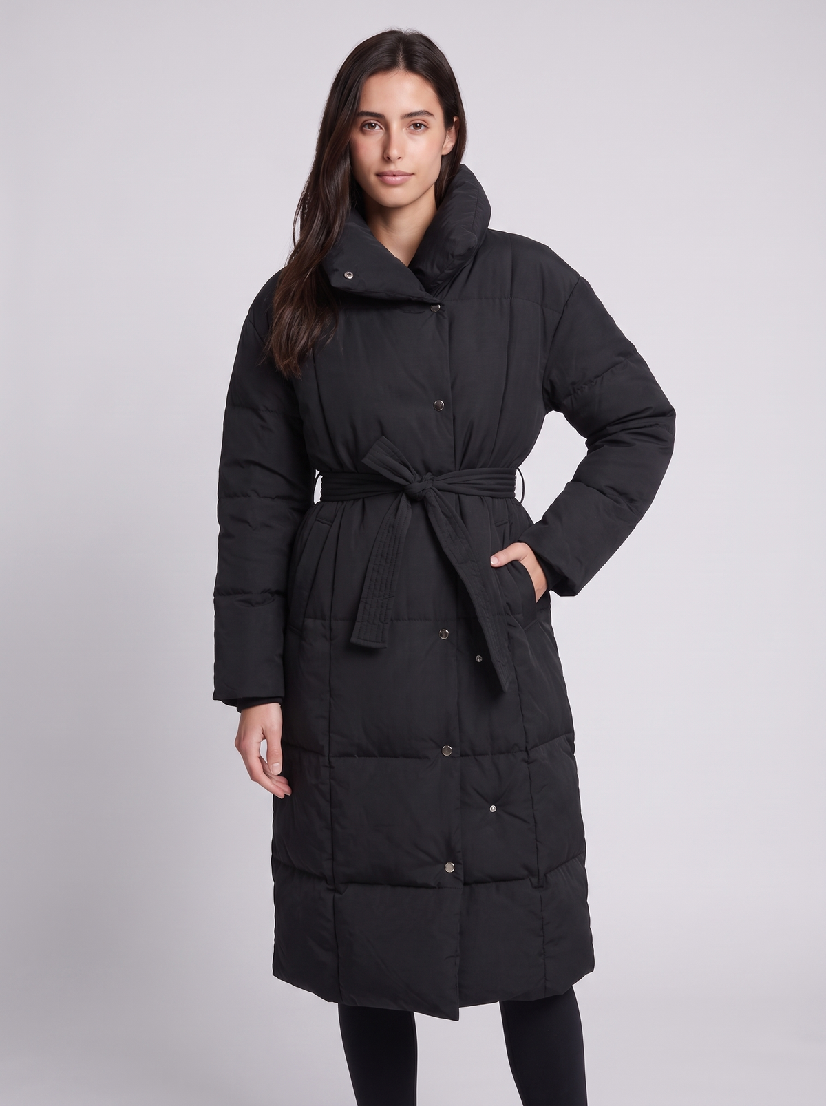 Grace | Black Belted Channel-Quilted Below-Knee Coat, Funnel-Collar Padded Parka