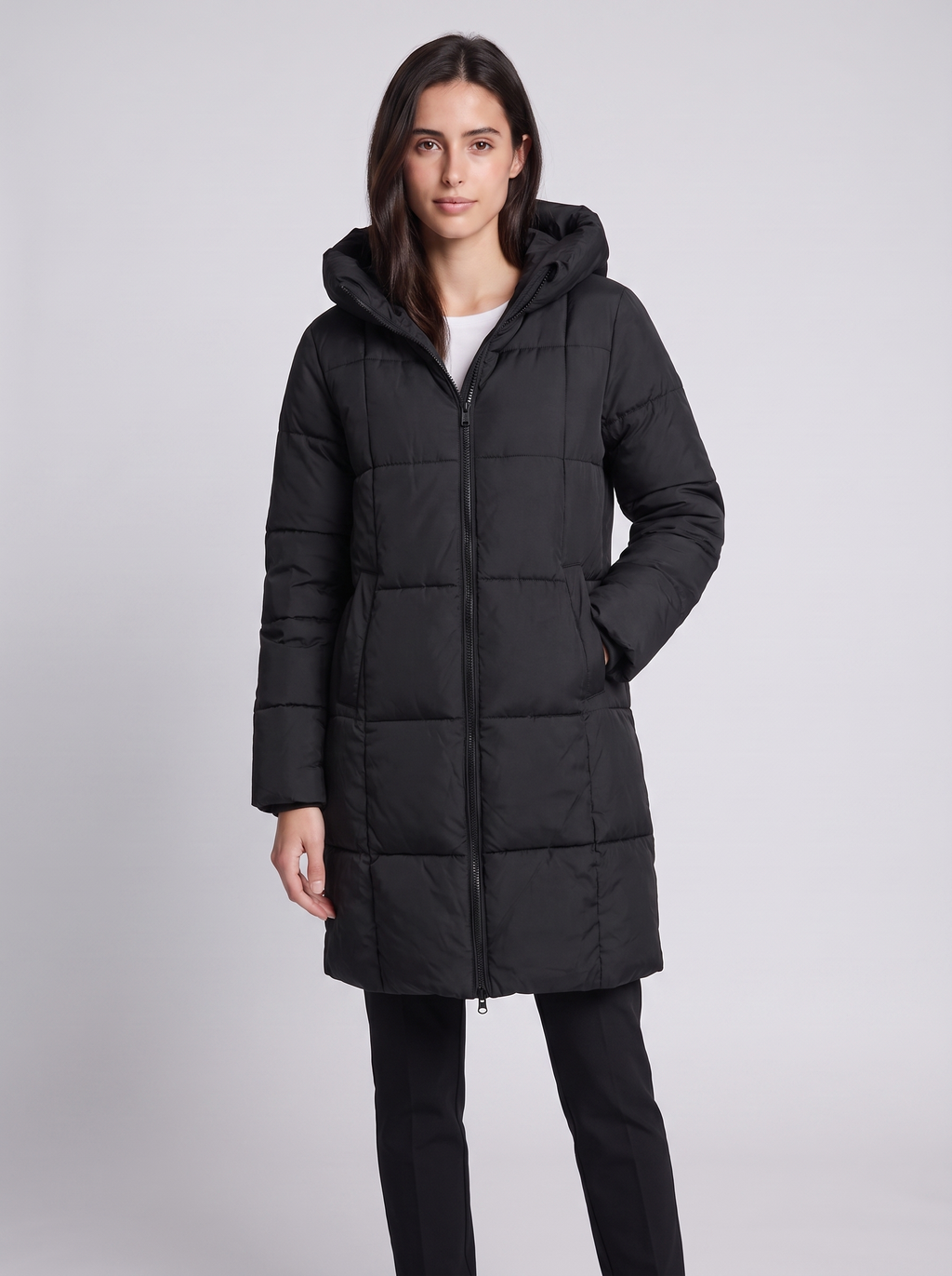 Grace | Black Box-Quilted Hooded Knee-Length Puffer Coat, Padded Winter Parka