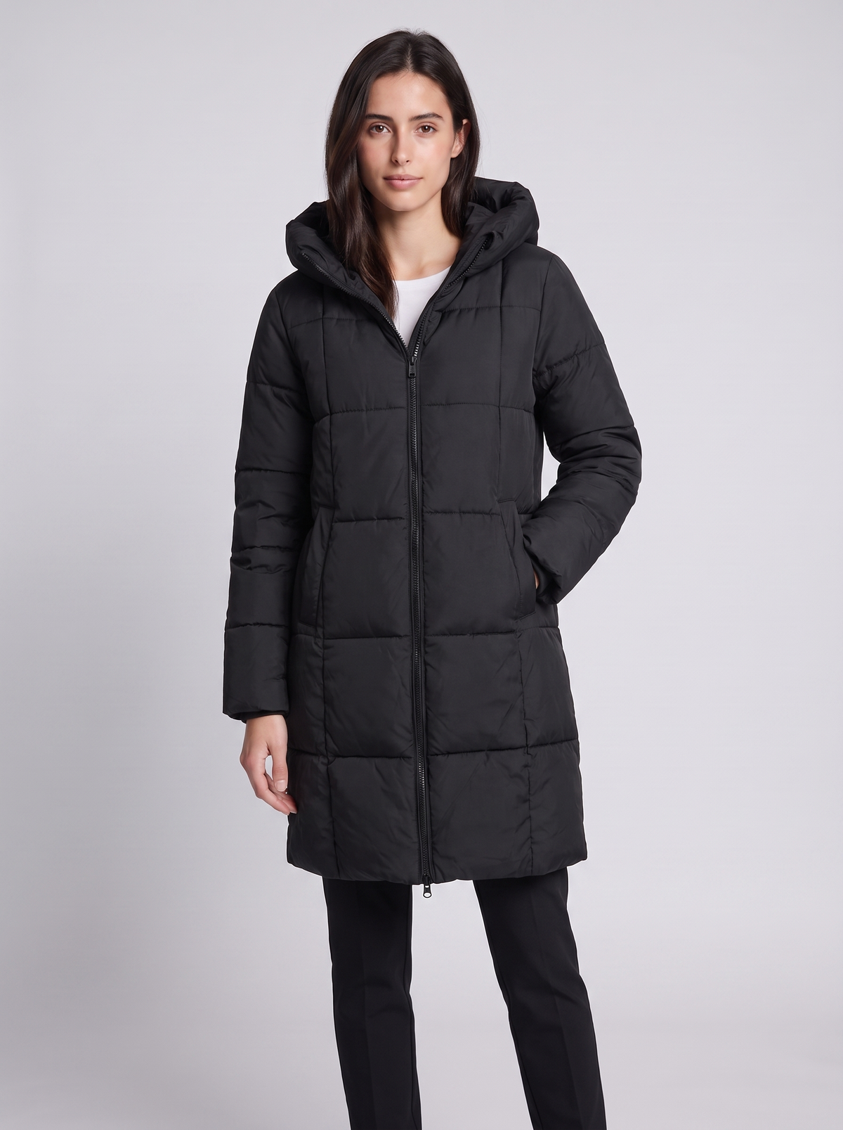 Grace | Black Box-Quilted Hooded Knee-Length Puffer Coat, Padded Winter Parka