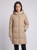 Grace | Beige Box-Quilted Hooded Knee-Length Coat, Zip-Front Padded Parka