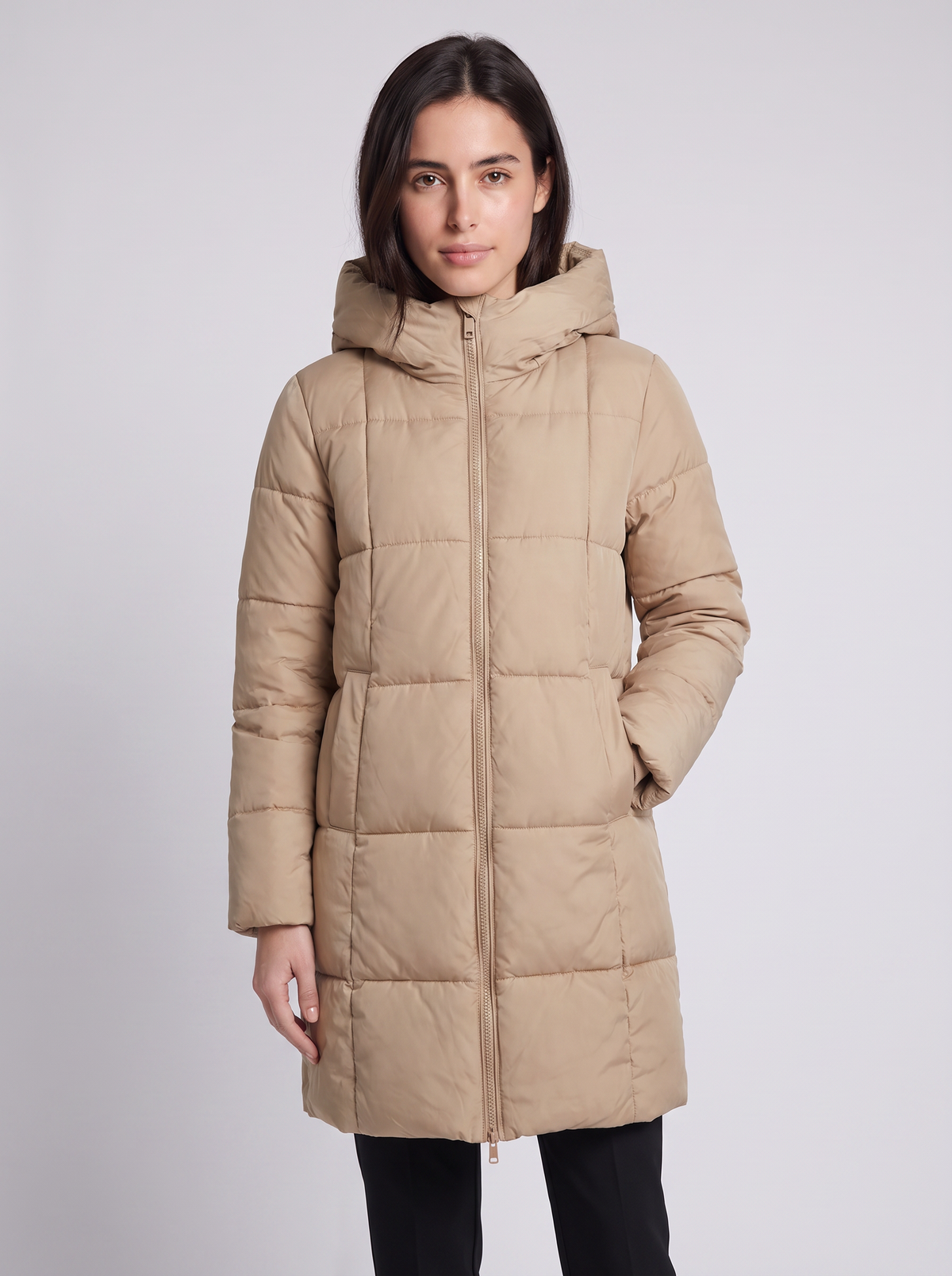 Grace | Beige Box-Quilted Hooded Knee-Length Coat, Zip-Front Padded Parka