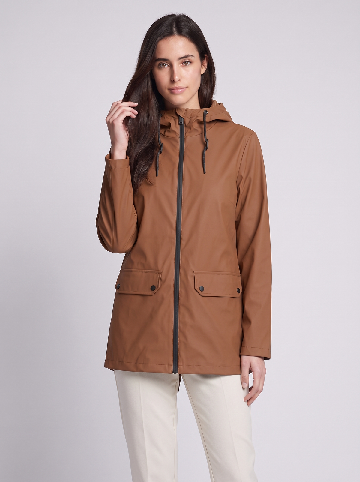 Grace | Brown Drawstring-Hood Woven Jacket, Zip-Front Flap-Pocket Anorak