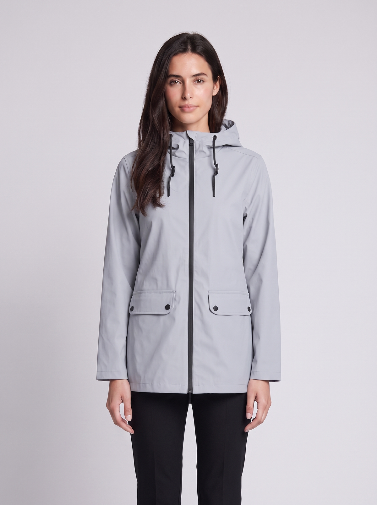Grace | Grey Drawstring-Hood Zip-Front Jacket, Flap-Pocket Woven Anorak