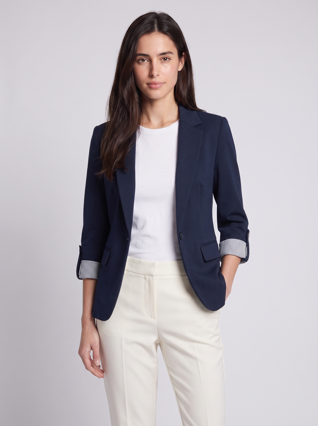 Grace | Navy Single-Button Tailored Blazer, Roll-Sleeve Notch-Lapel Jacket