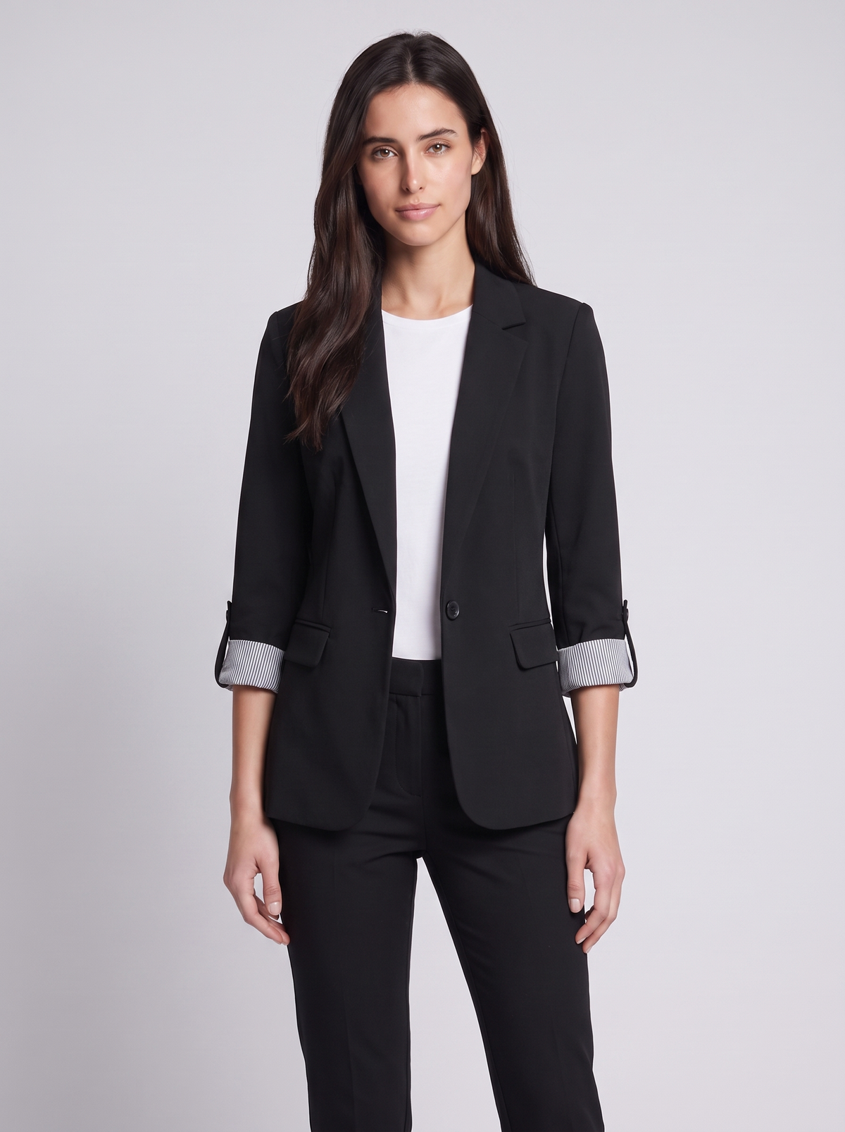 Grace | Black Single-Button Woven Blazer, Rolled-Cuff Notch-Lapel Jacket