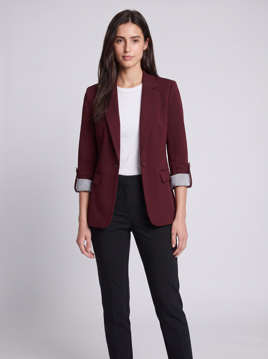 Grace | Maroon Notch-Lapel Woven Blazer, Rolled-Cuff Tailored Jacket