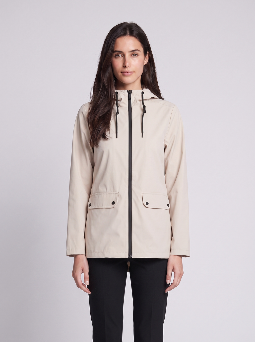 Grace | Beige Hooded Contrast-Zip Jacket, Snap-Pocket Woven Anorak