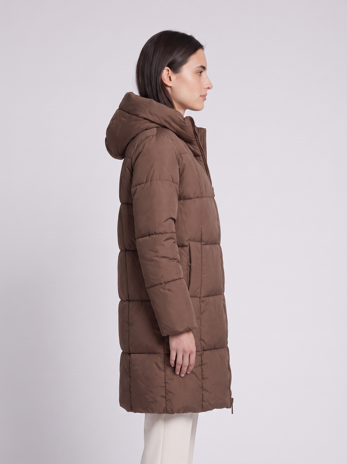 Grace | Brown Box-Quilted Hooded Puffer Coat, Knee-Length Zip-Front Parka