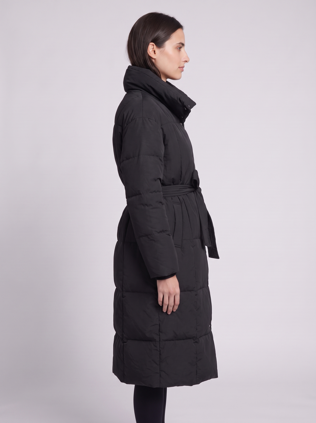 Grace | Black Belted Channel-Quilted Below-Knee Coat, Funnel-Collar Padded Parka