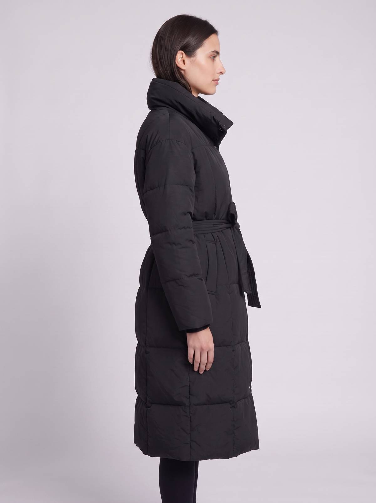 Grace | Black Belted Channel-Quilted Below-Knee Coat, Funnel-Collar Padded Parka