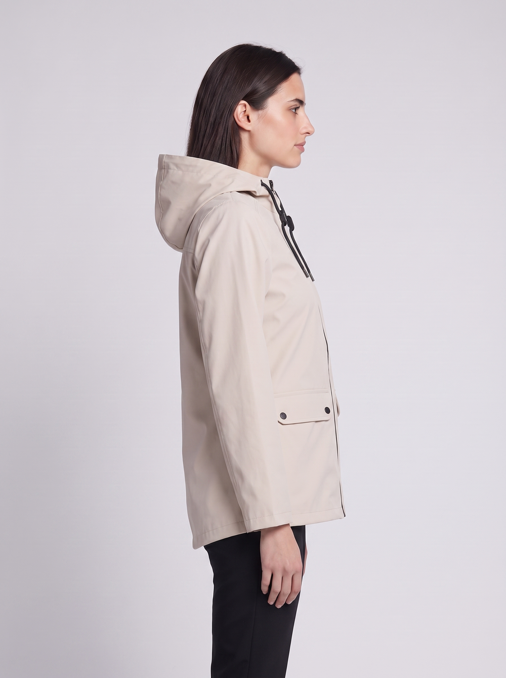 Grace | Beige Hooded Contrast-Zip Jacket, Snap-Pocket Woven Anorak