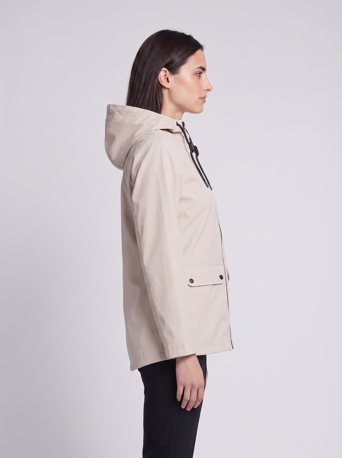 Grace | Beige Hooded Contrast-Zip Jacket, Snap-Pocket Woven Anorak
