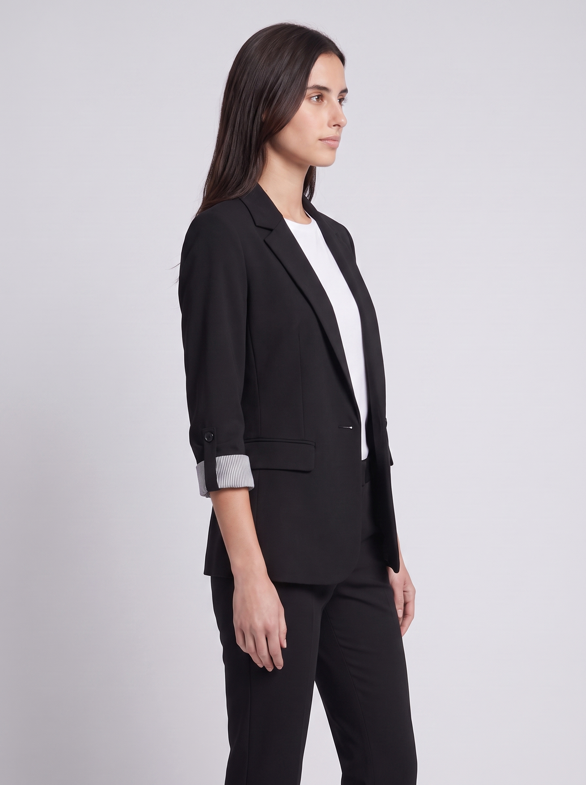 Grace | Black Single-Button Woven Blazer, Rolled-Cuff Notch-Lapel Jacket
