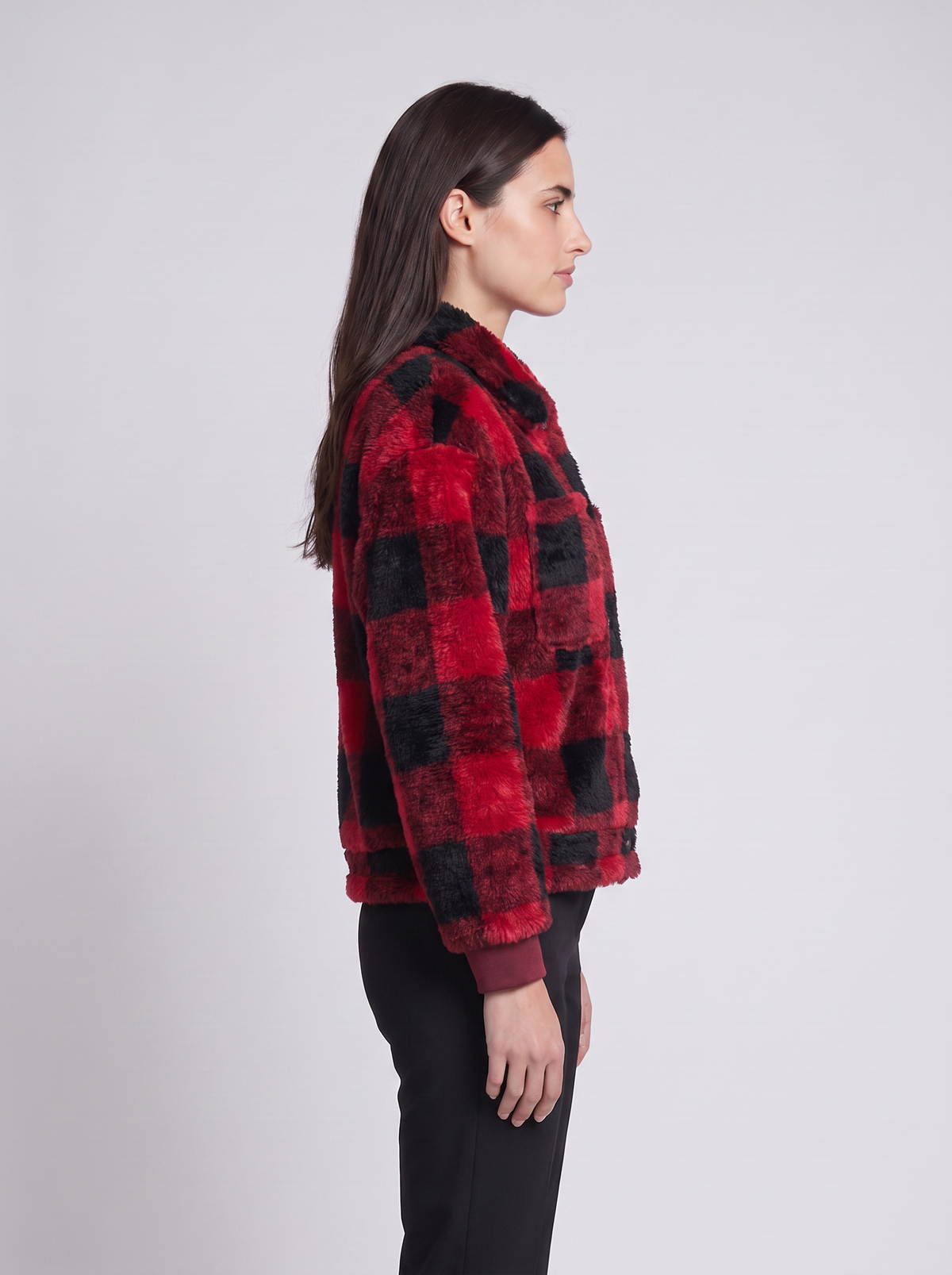 Grace | Red Buffalo Check Plush Fleece Jacket, Cropped Rib-Hem Bomber