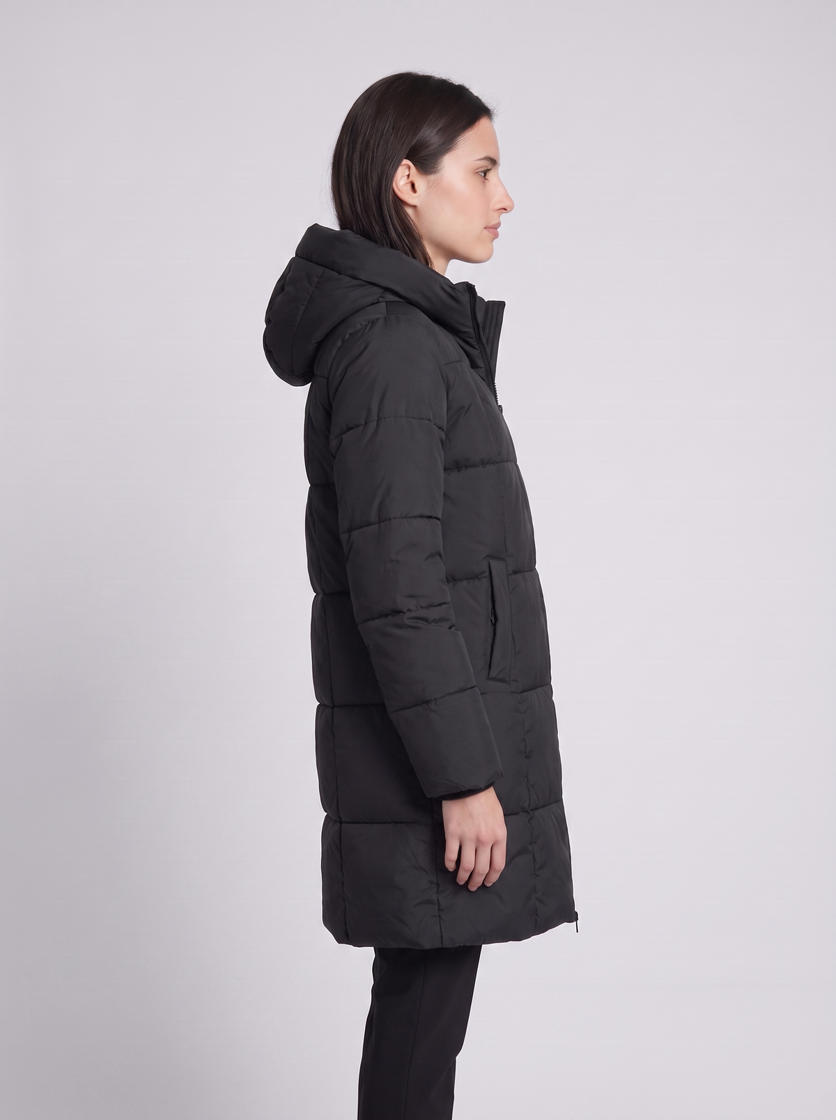 Grace | Black Box-Quilted Hooded Knee-Length Puffer Coat, Padded Winter Parka