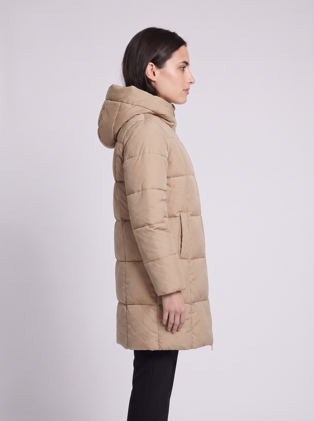 Grace | Beige Box-Quilted Hooded Knee-Length Coat, Zip-Front Padded Parka