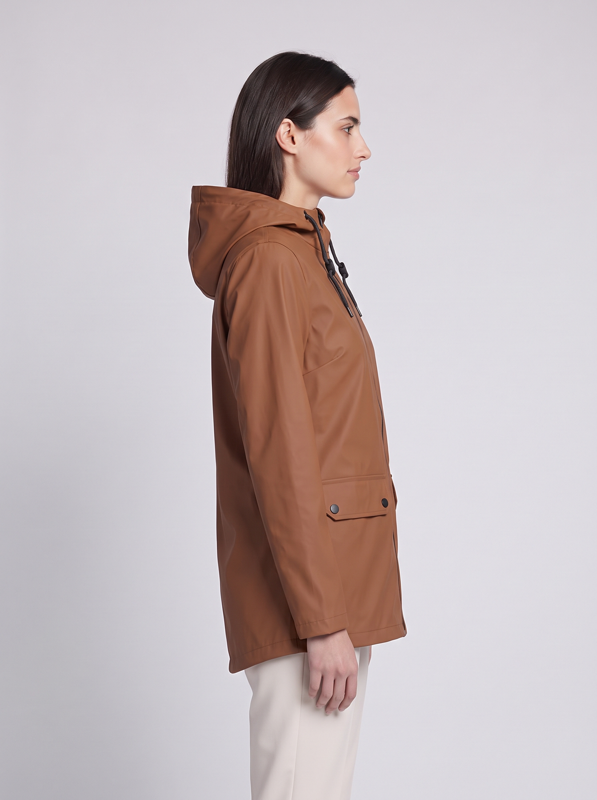 Grace | Brown Drawstring-Hood Woven Jacket, Zip-Front Flap-Pocket Anorak