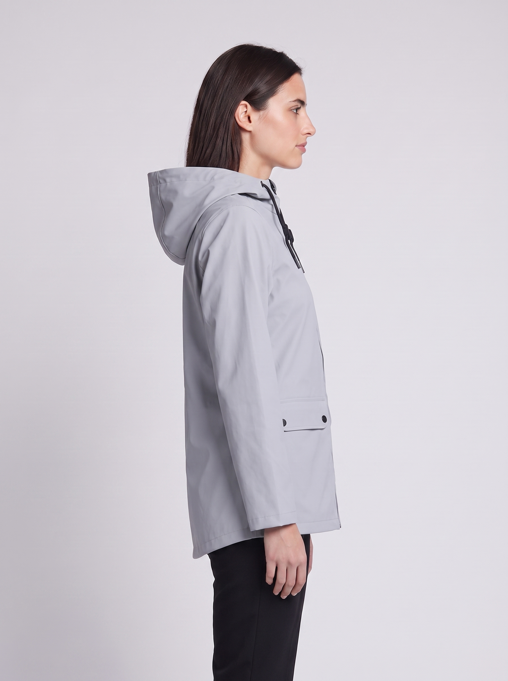 Grace | Grey Drawstring-Hood Zip-Front Jacket, Flap-Pocket Woven Anorak