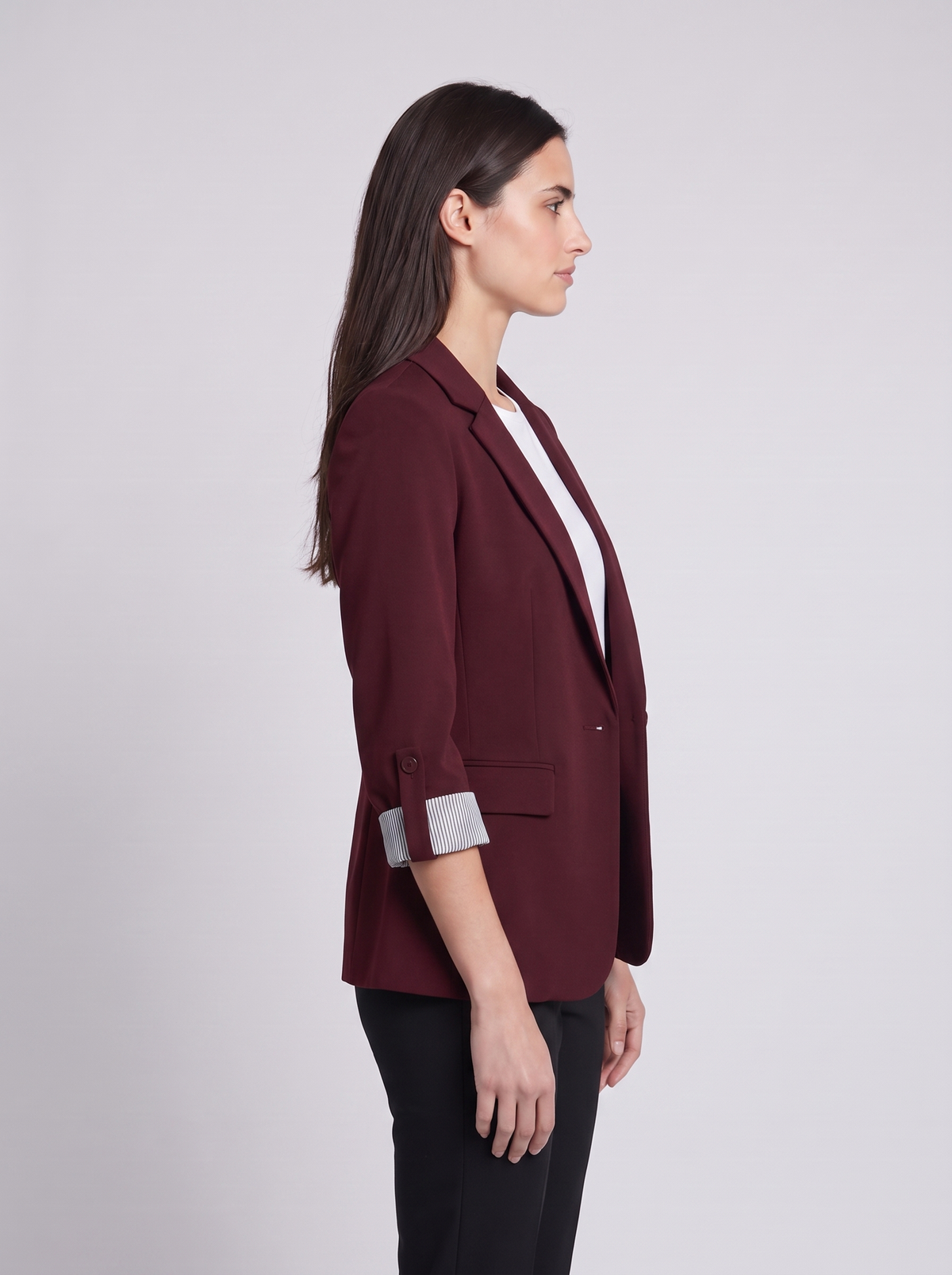 Grace | Maroon Notch-Lapel Woven Blazer, Rolled-Cuff Tailored Jacket