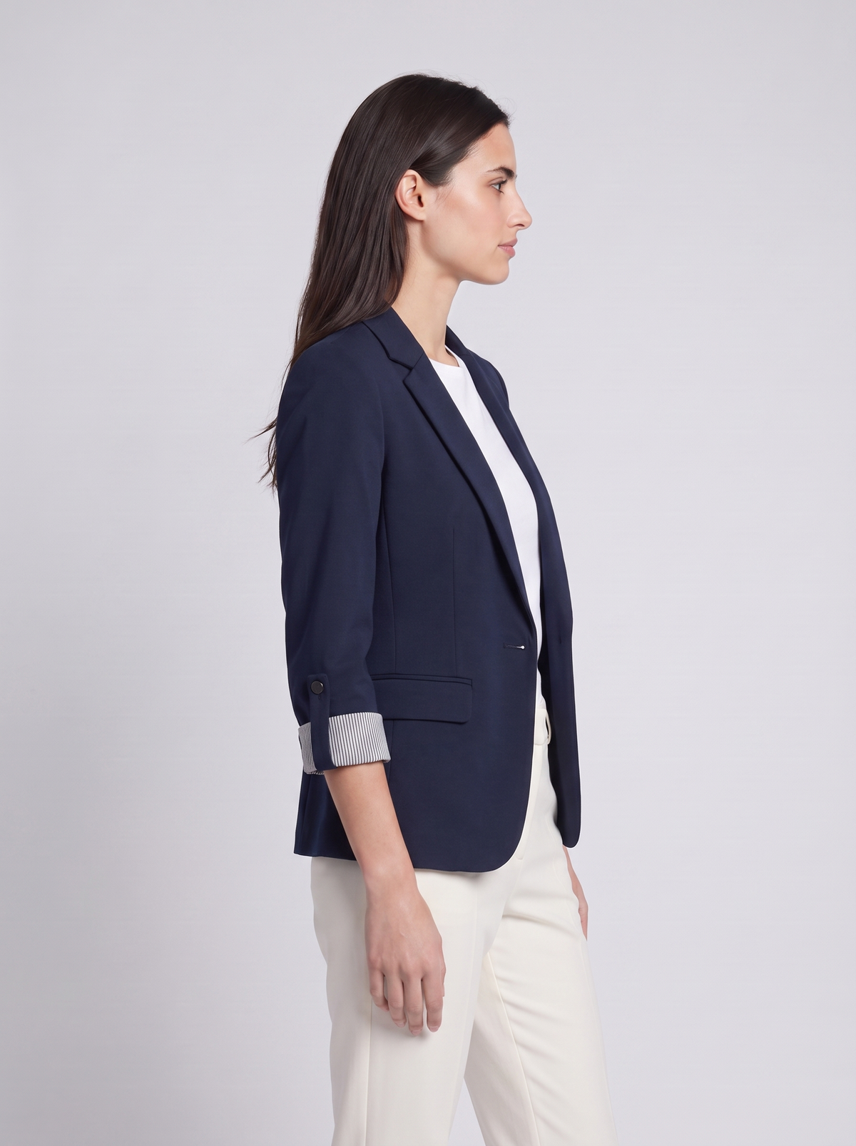 Grace | Navy Single-Button Tailored Blazer, Roll-Sleeve Notch-Lapel Jacket