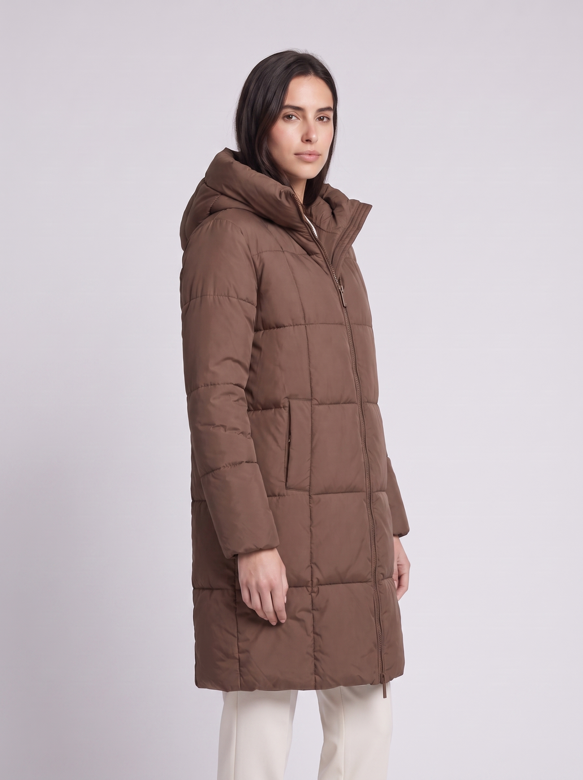 Grace | Brown Box-Quilted Hooded Puffer Coat, Knee-Length Zip-Front Parka