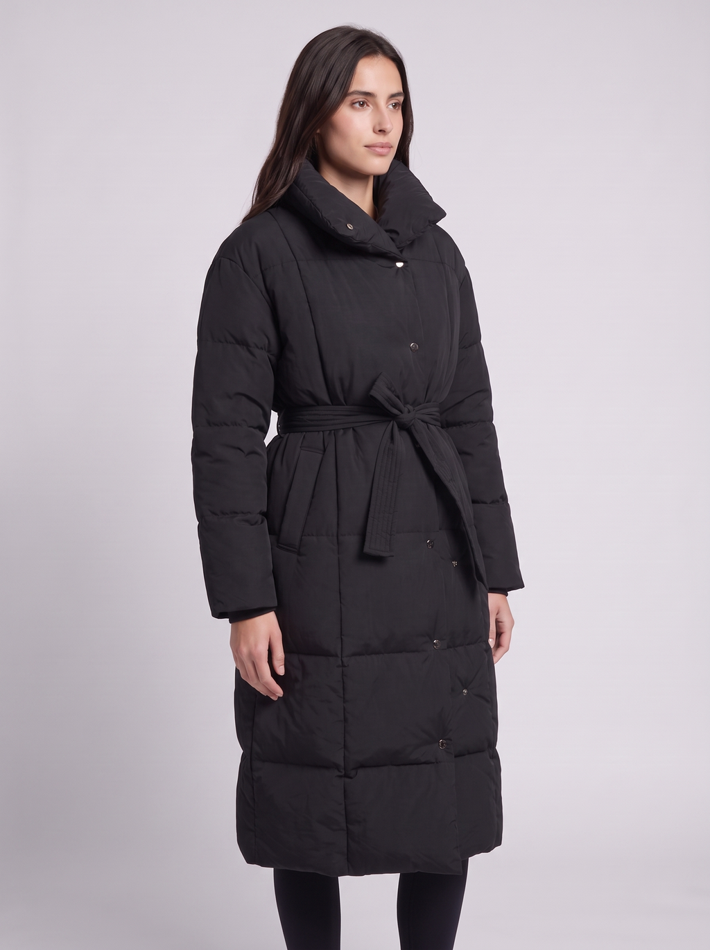 Grace | Black Belted Channel-Quilted Below-Knee Coat, Funnel-Collar Padded Parka