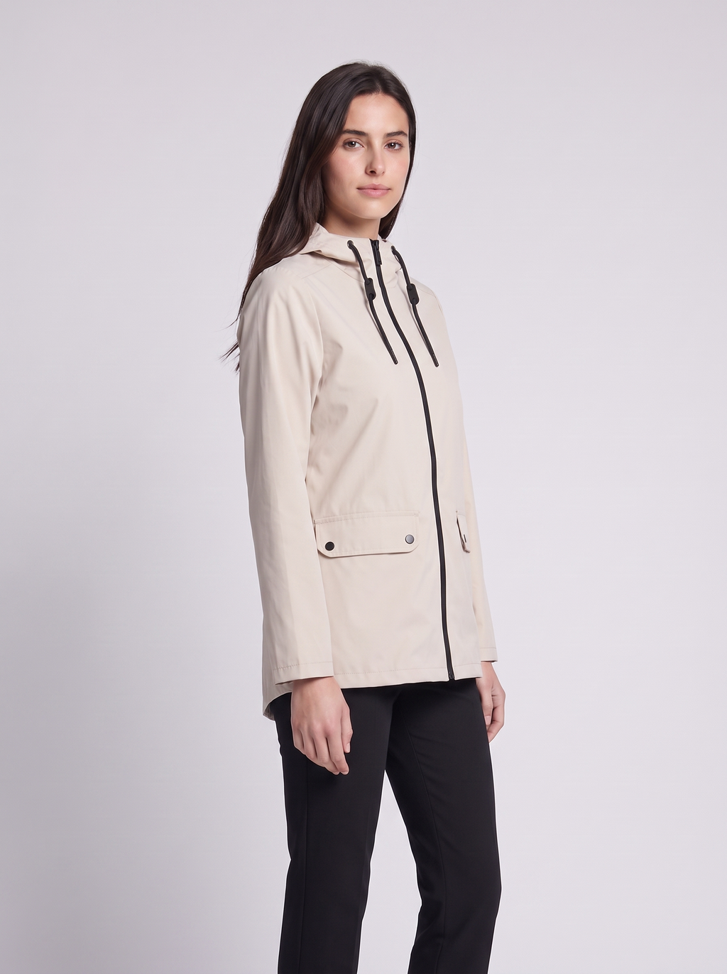 Grace | Beige Hooded Contrast-Zip Jacket, Snap-Pocket Woven Anorak
