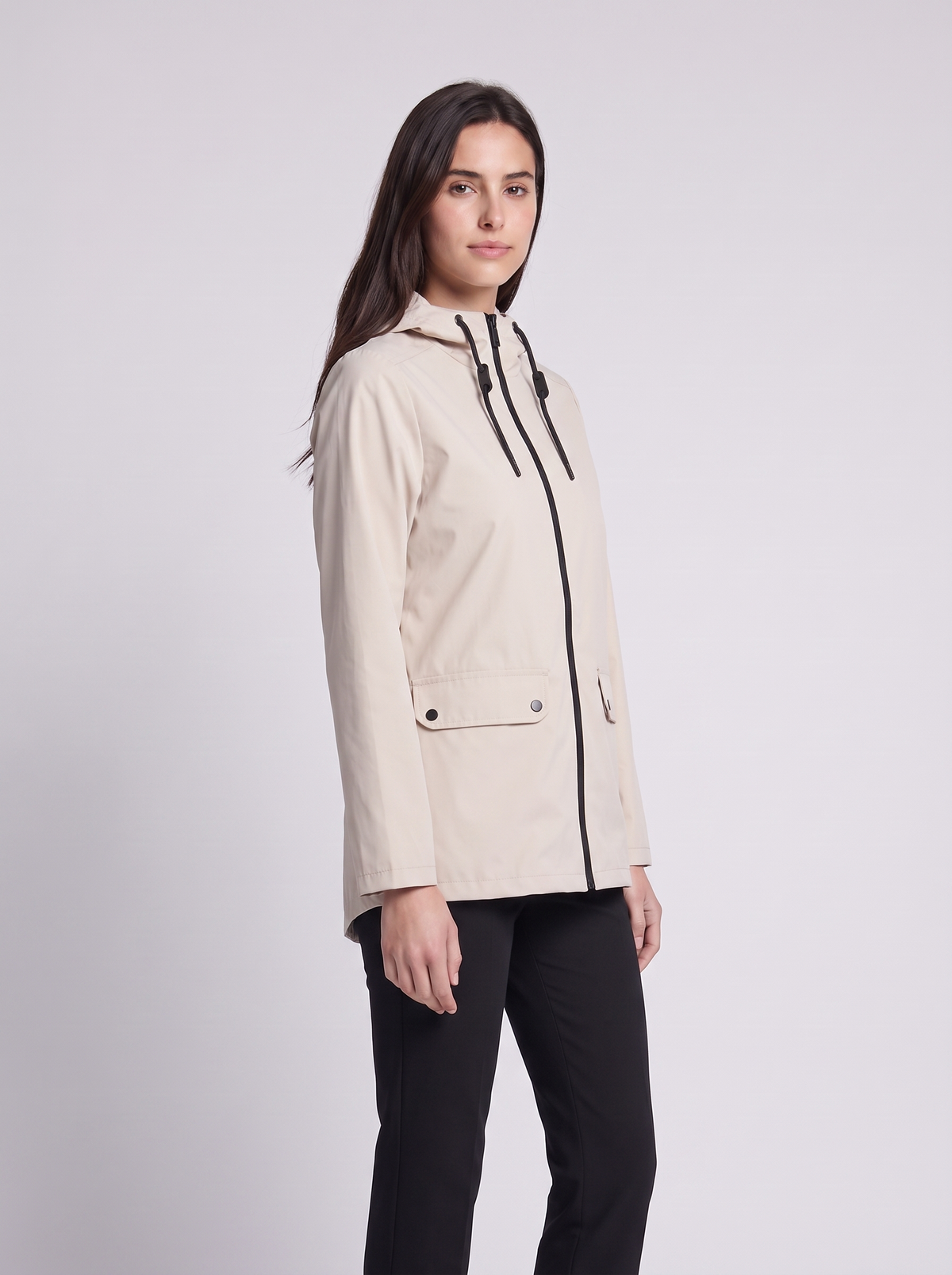 Grace | Beige Hooded Contrast-Zip Jacket, Snap-Pocket Woven Anorak