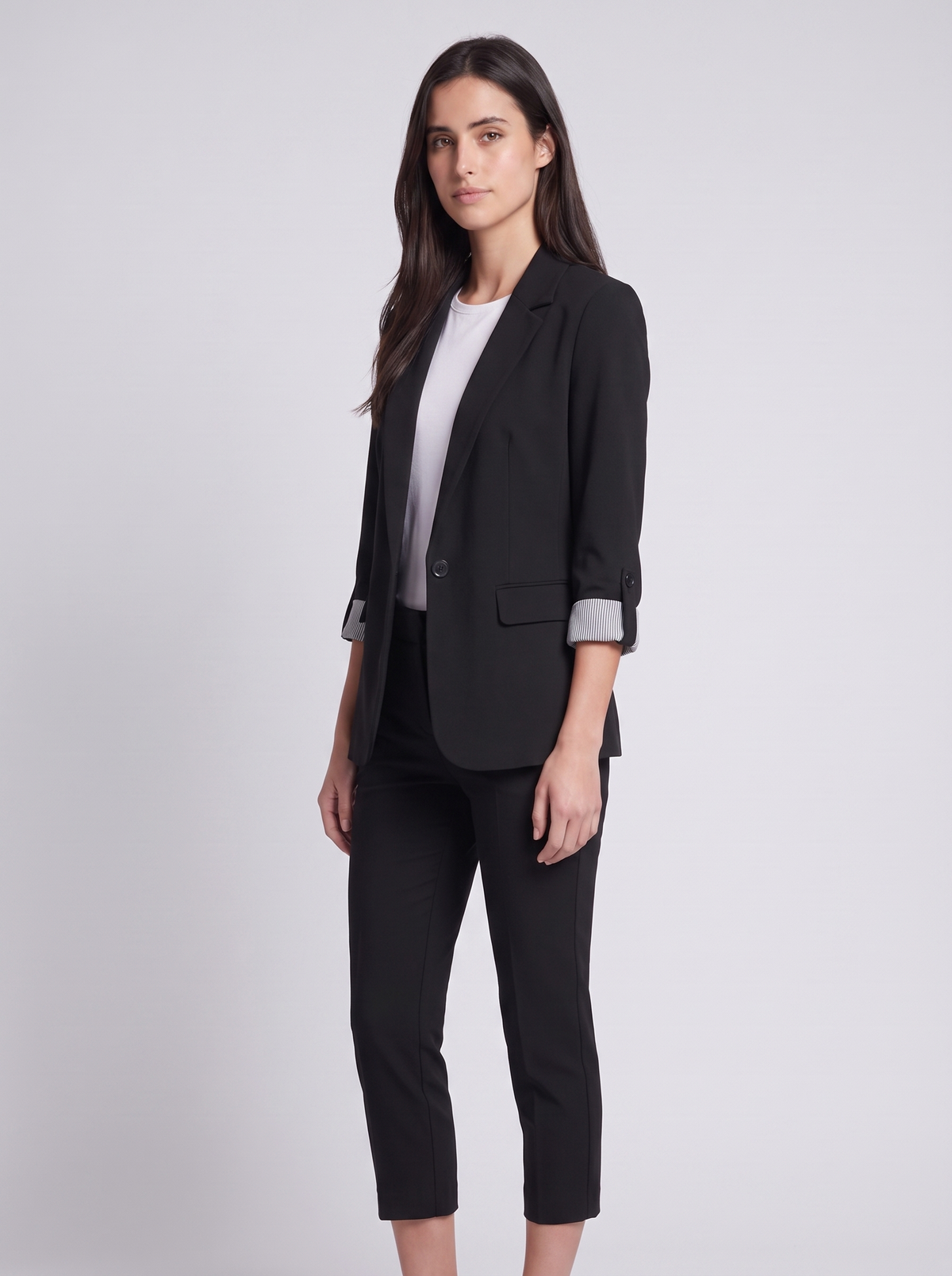 Grace | Black Single-Button Woven Blazer, Rolled-Cuff Notch-Lapel Jacket