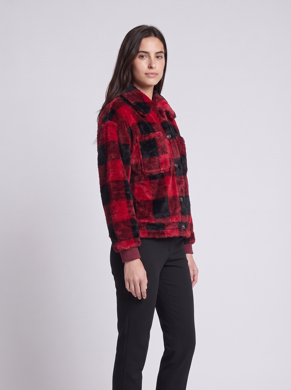 Grace | Red Buffalo Check Plush Fleece Jacket, Cropped Rib-Hem Bomber