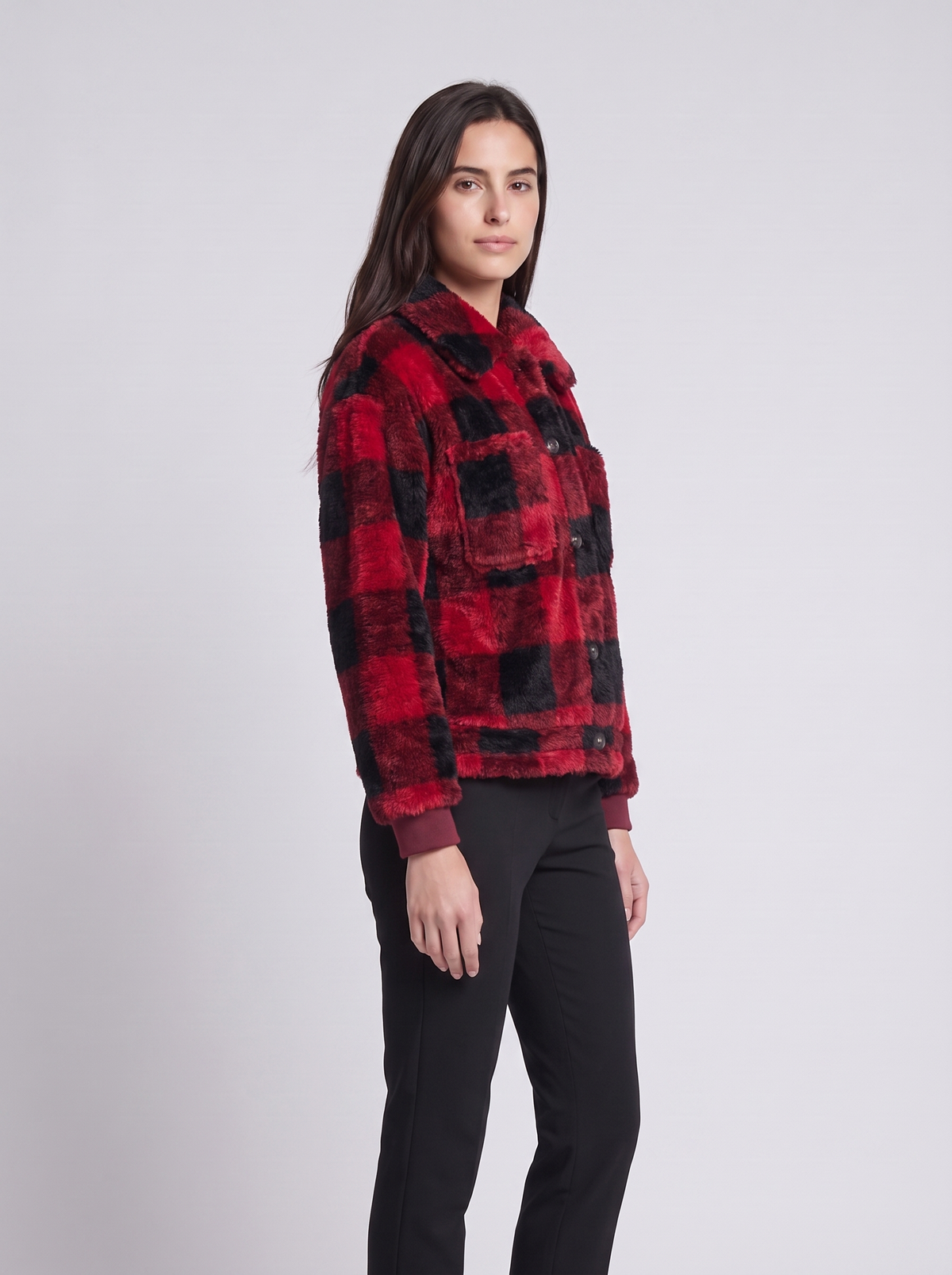 Grace | Red Buffalo Check Plush Fleece Jacket, Cropped Rib-Hem Bomber