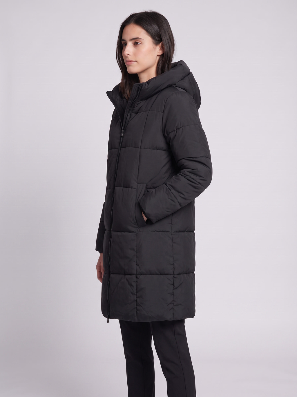 Grace | Black Box-Quilted Hooded Knee-Length Puffer Coat, Padded Winter Parka