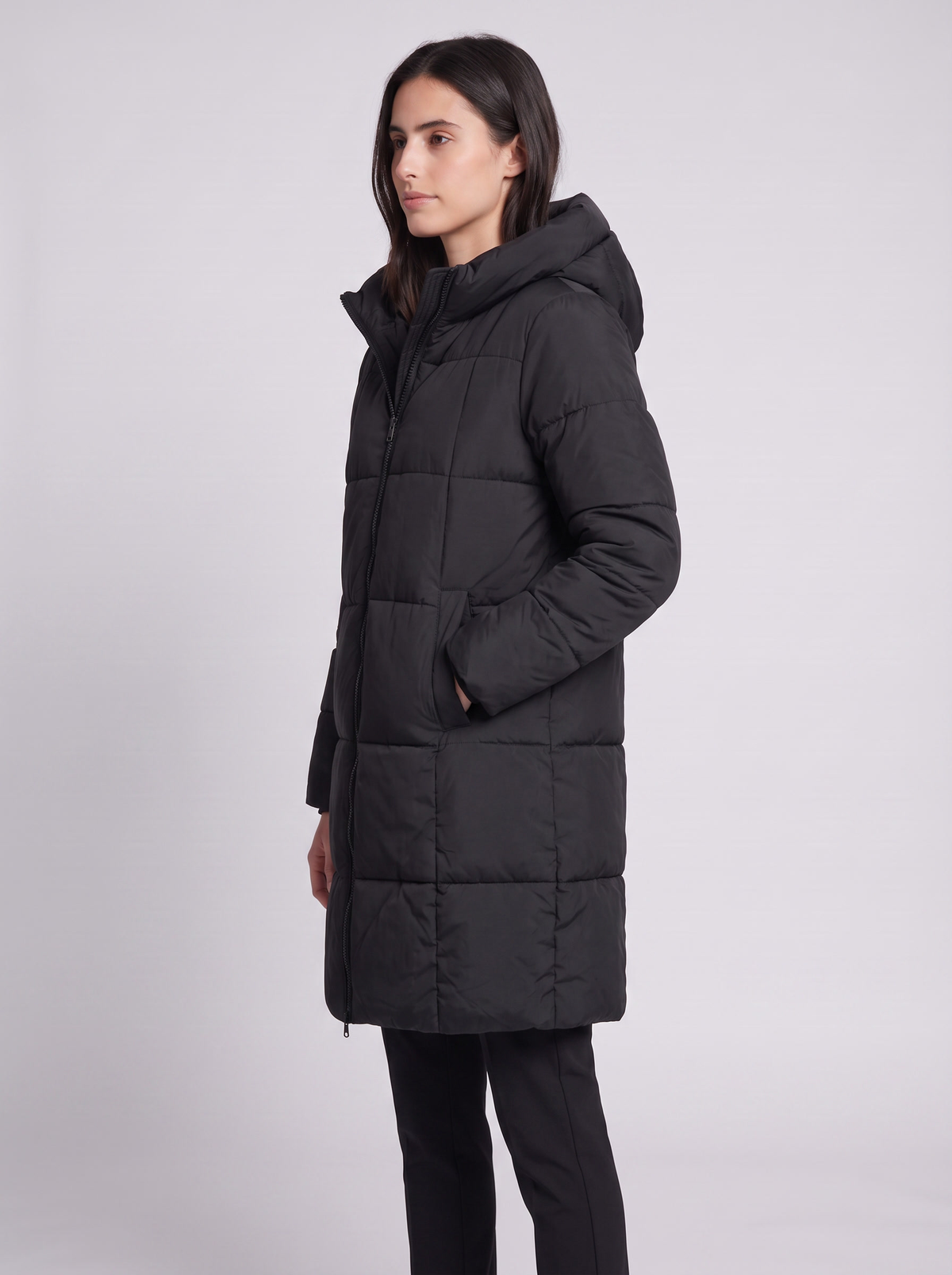 Grace | Black Box-Quilted Hooded Knee-Length Puffer Coat, Padded Winter Parka