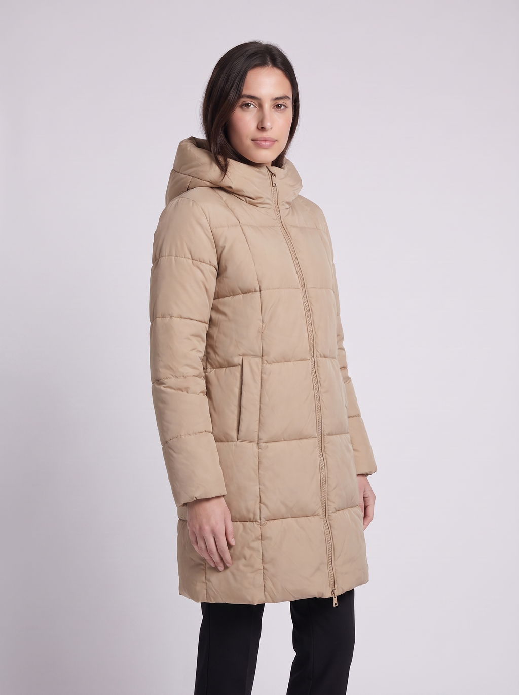 Grace | Beige Box-Quilted Hooded Knee-Length Coat, Zip-Front Padded Parka