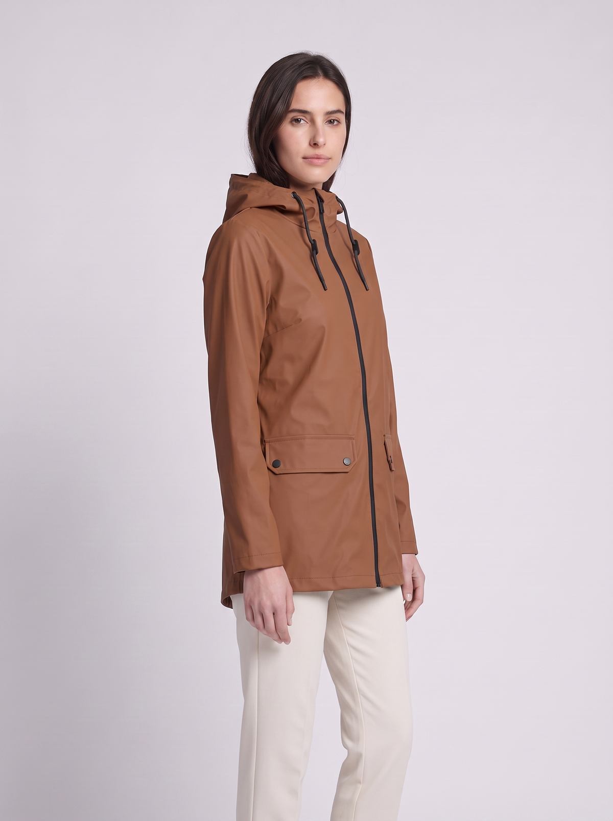 Grace | Brown Drawstring-Hood Woven Jacket, Zip-Front Flap-Pocket Anorak