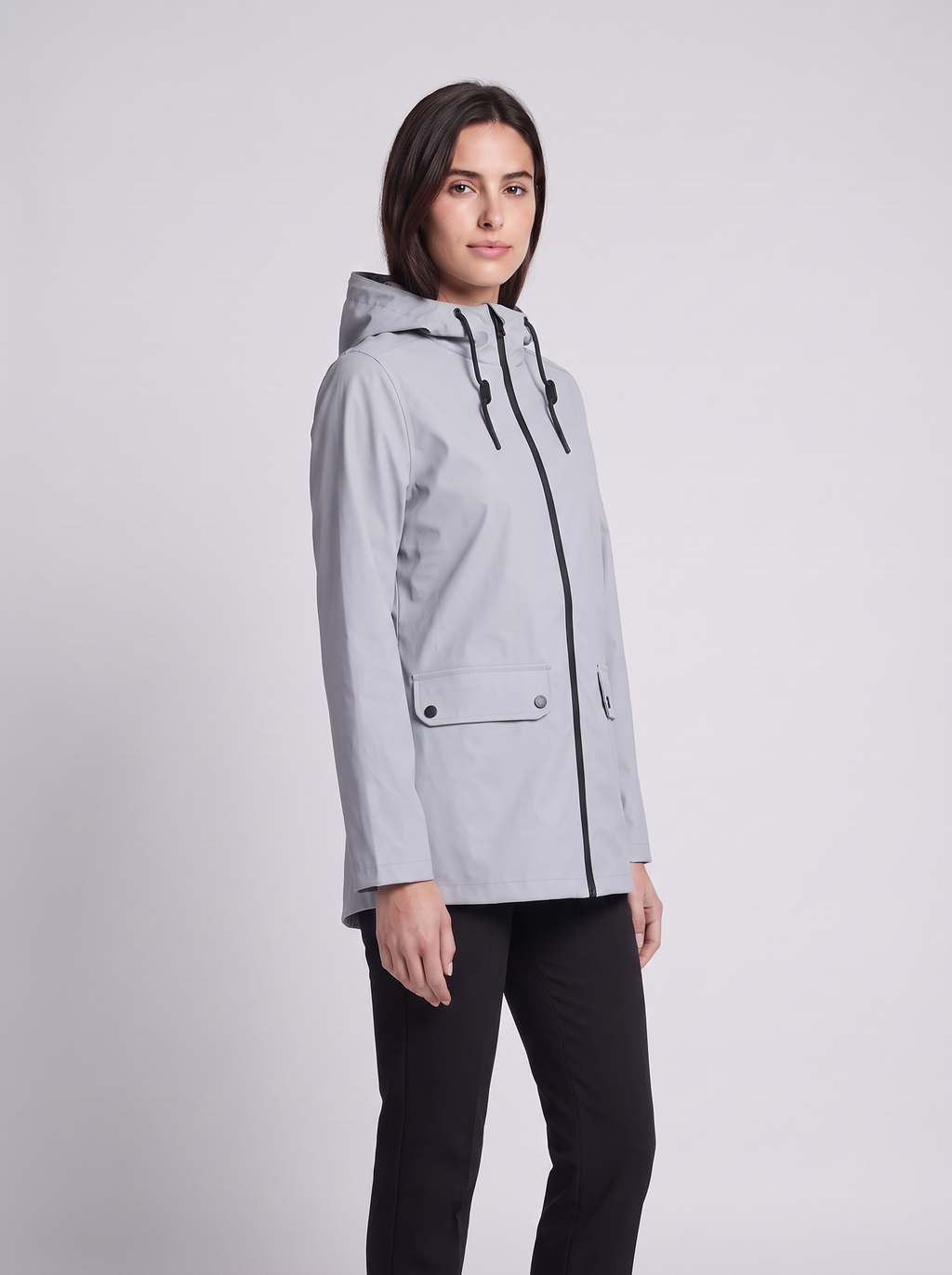 Grace | Grey Drawstring-Hood Zip-Front Jacket, Flap-Pocket Woven Anorak