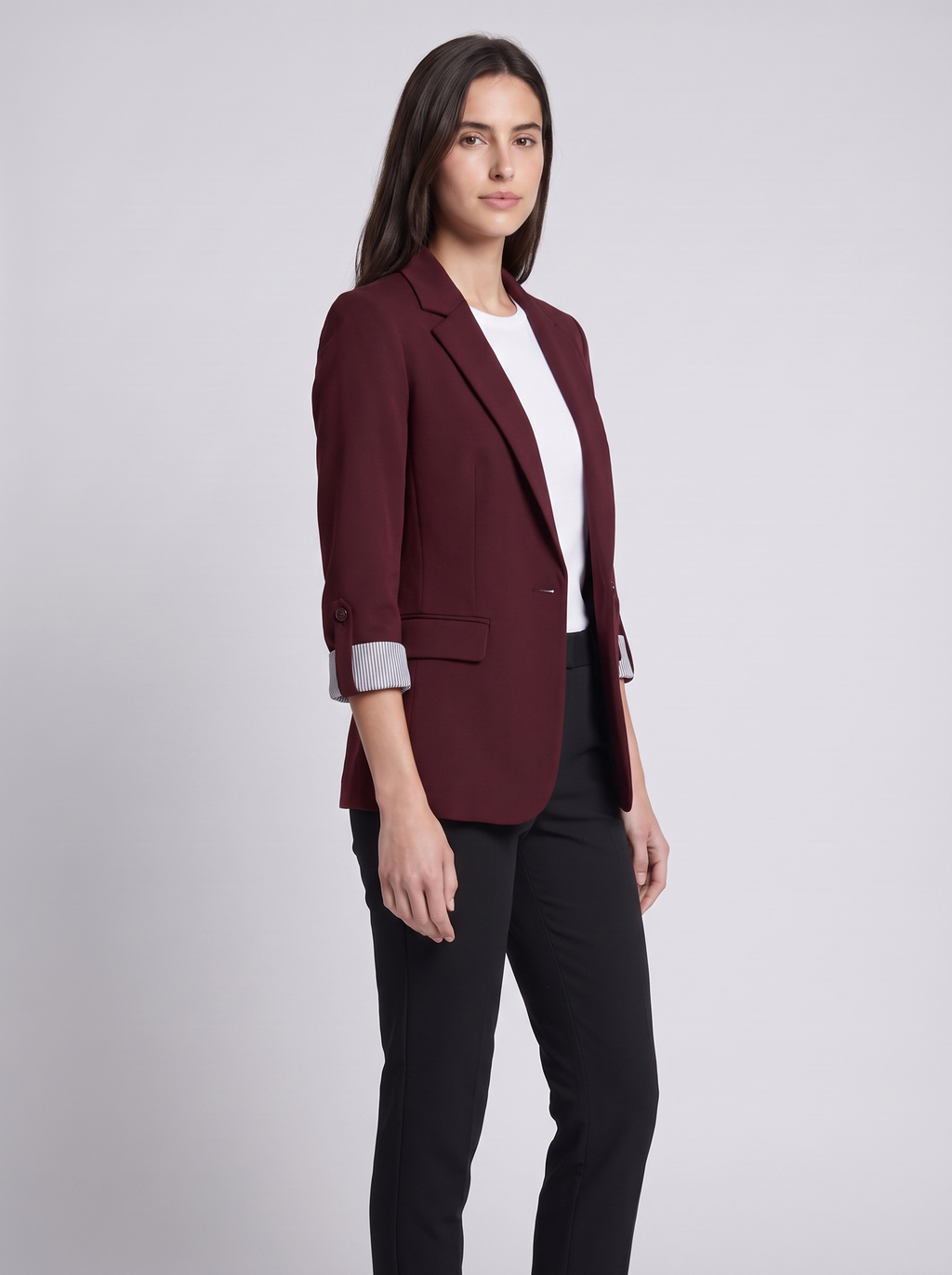 Grace | Maroon Notch-Lapel Woven Blazer, Rolled-Cuff Tailored Jacket