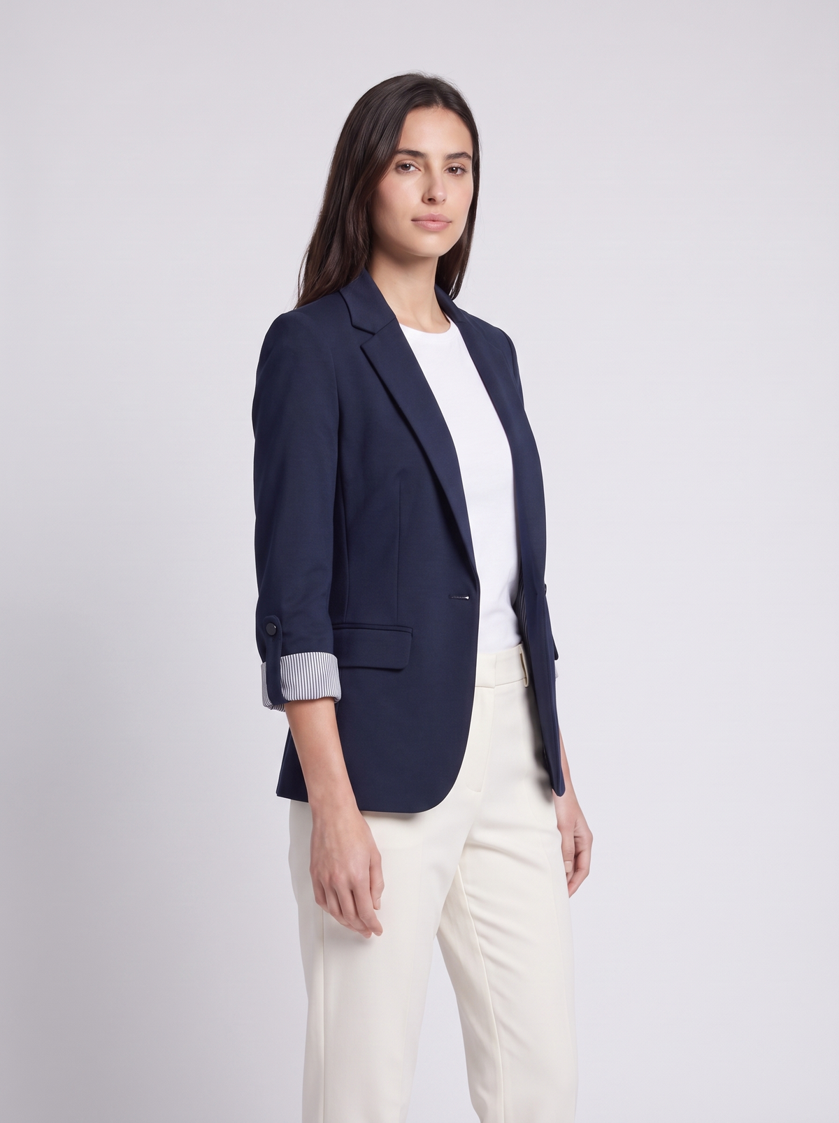 Grace | Navy Single-Button Tailored Blazer, Roll-Sleeve Notch-Lapel Jacket