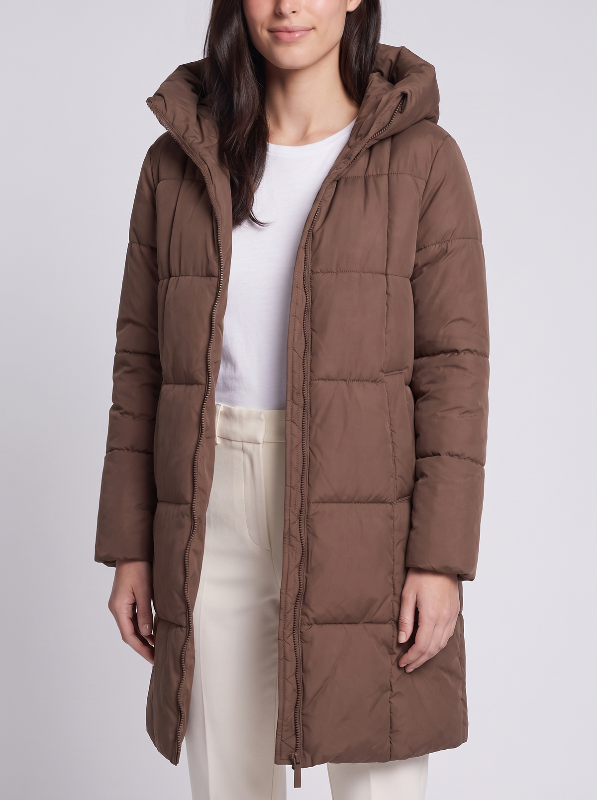 Grace | Brown Box-Quilted Hooded Puffer Coat, Knee-Length Zip-Front Parka