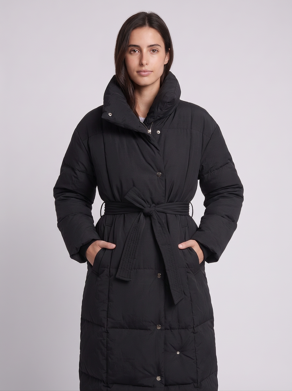 Grace | Black Belted Channel-Quilted Below-Knee Coat, Funnel-Collar Padded Parka