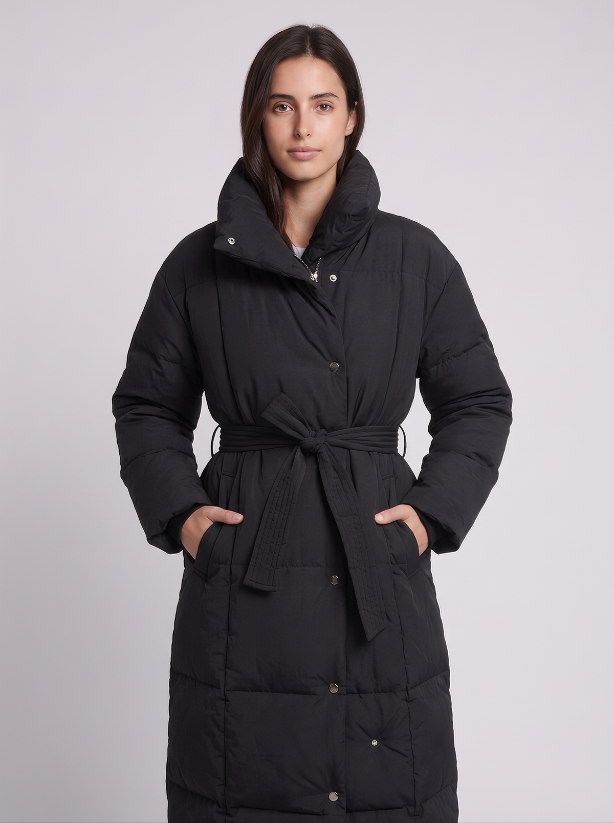 Grace | Black Belted Channel-Quilted Below-Knee Coat, Funnel-Collar Padded Parka